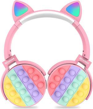 Fidget Headphones Kids Toy Headset, Bluetooth Wireless Noise Cancelling Over-Ear HeaHeadphone Pop Bubble On-Ear Headphone Fidget Toy Rainbow Color Fidget Headset for Children Adults(Pink-Cat)