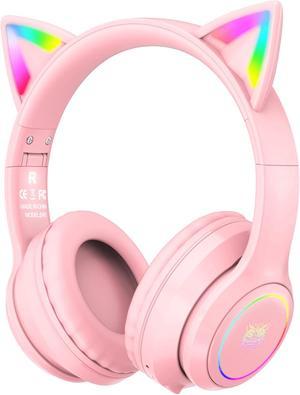 Stereo Gaming Headset  LED Light Up Cat Ear Headphones Foldable On-Ear Gaming Headset with Mic  Pink Bluetooth 5.0