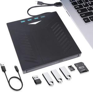 External CD DVD Drive, USB 3.0 Type-C CD DVD +/-RW Optical Drive, Ultra-Slim Drive with 4 USB Ports and 2 SD Card Slots, Compatible with Laptop PC Linux Windows Mac OS