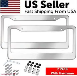 2PCS Chrome Stainless Steel Metal License Plate Frame Tag Cover With Screw Caps 2PCS Chrome Stainless Steel Metal License Plate Frame Tag Cover With Screw Caps