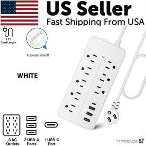 US Power Strip Surge Protector 8 AC Outlets 3 USB Ports + Type C Port 4 FT Cable - White US Power Strip Surge Protector 8 AC Outlets 3 USB Ports + Type C Port 4 FT Cable - White