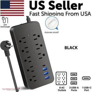 US Power Strip Surge Protector 8 AC Outlets 3 USB Ports + Type C Port 4 FT Cable - Black US Power Strip Surge Protector 8 AC Outlets 3 USB Ports + Type C Port 4 FT Cable - Black