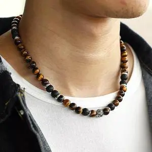 Men's 8mm Natural Tiger Eye Lava Bead Necklace Stainless Steel Toggle 18/20/24" - 18 in Men's 8mm Natural Tiger Eye Lava Bead Necklace Stainless Steel Toggle 18/20/24" - 18 in