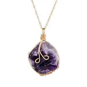 Natural Gemstone Necklace Chakra Stone Pendant Energy Healing Crystal with Chain - Amethyst Natural Gemstone Necklace Chakra Stone Pendant Energy Healing Crystal with Chain - Amethyst