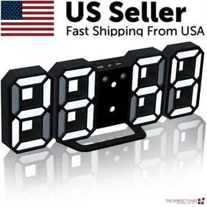 Digital 3D LED Big Wall Desk Alarm Clock Snooze 12/24 Hours Auto Brightness USB - Black and White Digital 3D LED Big Wall Desk Alarm Clock Snooze 12/24 Hours Auto Brightness USB - Black and White