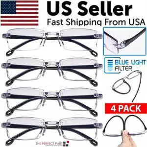4 PK Mens Rectangular Rimless Blue Light Blocking Reading Glasses Unisex Readers - =+1.50 strength 4 PK Mens Rectangular Rimless Blue Light Blocking Reading Glasses Unisex Readers - =+1.50 strength