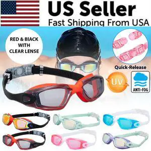 Clear Comfortable Swimming Goggles UV- Anti-Fog Swim Glasses Mirror Adult & Kids - Black and Red with Clear Lense Clear Comfortable Swimming Goggles UV- Anti-Fog Swim Glasses Mirror Adult & Kids - Black and Red with Clear Lense