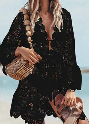 Lace Bathing Suit Cover Up Boho Beach Women Maxi Bikini Sundress Dress Summer US - Black Lace Bathing Suit Cover Up Boho Beach Women Maxi Bikini Sundress Dress Summer US - Black