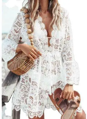 Lace Bathing Suit Cover Up Boho Beach Women Maxi Bikini Sundress Dress Summer US - White Lace Bathing Suit Cover Up Boho Beach Women Maxi Bikini Sundress Dress Summer US - White