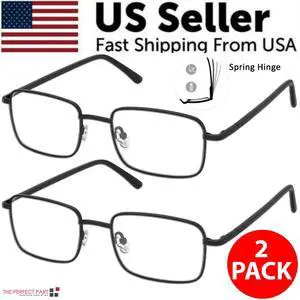 2 PACK Reading Glasses Mens Womens Metal Spring Hinge Square Frame Readers NEW - +1.00 2 PACK Reading Glasses Mens Womens Metal Spring Hinge Square Frame Readers NEW - +1.00