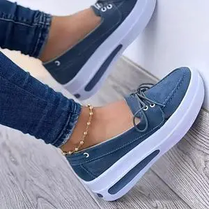 Women Block Shoes Slip On Closed Toe Platform Flat Wedge Casual Lace Up Sneakers - Blue Women Block Shoes Slip On Closed Toe Platform Flat Wedge Casual Lace Up Sneakers - Blue