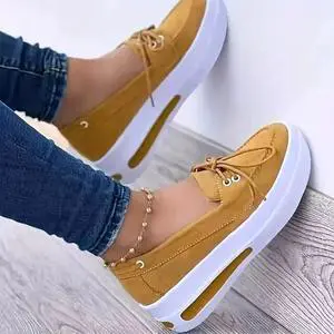 Women Block Shoes Slip On Closed Toe Platform Flat Wedge Casual Lace Up Sneakers - Yellow Women Block Shoes Slip On Closed Toe Platform Flat Wedge Casual Lace Up Sneakers - Yellow