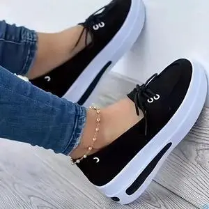 Women Block Shoes Slip On Closed Toe Platform Flat Wedge Casual Lace Up Sneakers - Black Women Block Shoes Slip On Closed Toe Platform Flat Wedge Casual Lace Up Sneakers - Black