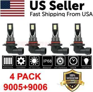 9005 9006 LED Headlights Kit Combo Bulbs 8000K High Low Beam Super White Bright