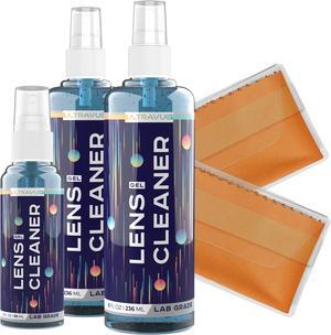 UltraVue Gel Lens Cleaner Kit - 2 x 8oz and 1 x 2oz Eye Glasses Cleaner Gel Spray + 2 Microfiber Cleaning Cloths - Safe for All Lenses (AR Coated Included), Eyeglasses and Screens - Cobalt