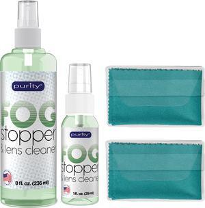 Purity Fog Stopper and Lens Cleaner Kit (For Non-AR Coated Lenses) - 1 x 8oz and 1 x 2oz Anti Fog Spray + 2 Microfiber Cleaning Cloths - Fog Blocker and Anti-Static Glass and Lens Cleaning Spray