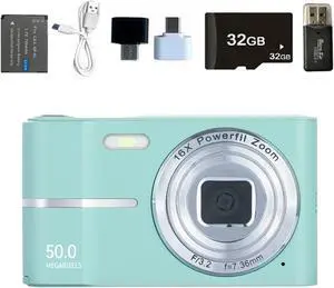 Digital Camera FHD 4K 50MP with 32GB Card 16X Zoom Anti Shake Compact Portable Small Cameras for Photography Point and Shoot Camera Gift for Student Teen Beginner Green