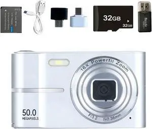 Digital Camera FHD 4K 50MP with 32GB Card 16X Zoom Anti Shake Compact Portable Small Cameras for Photography Point and Shoot Camera Gift for Student Teen Beginner Silver