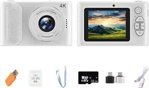 Digital Camera FHD 4K 44MP with 32GB Card 4X Zoom Anti Shake Compact Portable Small Cameras for Photography Point and Shoot Camera Gift for Teen Beginner White