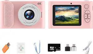 Digital Camera FHD 4K 44MP with 32GB Card 4X Zoom Anti Shake Compact Portable Small Cameras for Photography Point and Shoot Camera Gift for Teen Beginner Pink