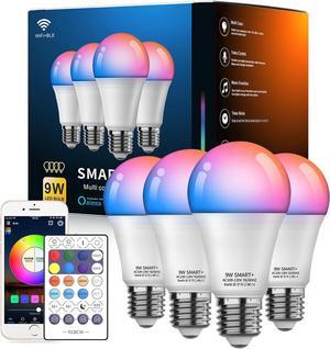 Smart Light Bulbs 4Pack with Remote, A19 E26 800LM LED Color Changing Light Bulb, WiFi & Bluetooth 5.2, Warm to Cool White, Dimmable, RGB Smart Home Lighting Work with Alexa Google Assistant