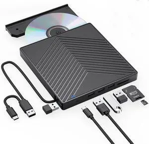 8 in 1 High Performance External CD DVD Drive, Ultra Slim CD Burner USB 3.0 with 4 USB Ports and 2 TF/SD Card Slots, Optical Disk Drive for Laptop Mac, PC Windows 11/10/8/7 Linux OS