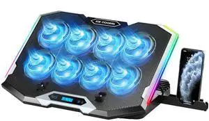 Adiven Upgrade RGB Gaming Laptop Cooling Pad with 8 Cooling Fans, Laptop Fan Cooler Pad for 15-17.3'', Notebook Cooler Stand with 6 Height & Wind Speed Adjustable, RGB Cooling Pad with Two USB Port