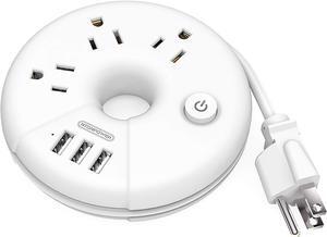 Travel Power Strip, NTONPOWER 3 Outlets 3 USB Portable Desktop Charging Station Short Extension Cord 15 inches for Office, Home, Hotels, Cruise Ship, Nightstand, White