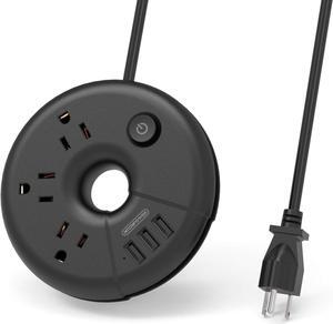 Travel Power Strip with USB Ports, NTONPOWER Portable Desktop Charging Station with 3 Outlets 3 USB, 5 ft Extension Cord, Compact for Home, Office, Dorm Room, Nightstand, Cruise, Business Trip, Black