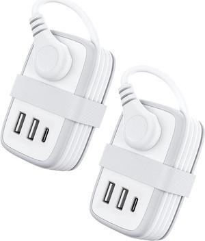 2 Pack Power Strip with USB C Ports, 2 Outlets 3 USB Ports, NTONPOWER Small Power Strip with 3ft Short Extension Cord Retractable, Compact Size for Travel Home Office Hotel Cruise Essentials, White
