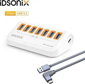 USB Hub 3.0[5Gbps Stable Transfer], iDsonix 7 Ports USB Hub 1.6ft Type A&C 2 Connectors, USB Splitter Extra USB Ports for Laptops,Surface,Xbox,iMac,MacBook,PS5/PS4,Flash Drive,Keyborad,Mouse,Printer