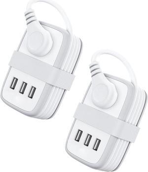 Travel Power Strip with USB 2 Pack, NTONPOWER 2 Widely Outlets 3 USB with 3Ft Short Extension Cord Flat Plug, Small Portable Desktop Charging Station for Cruise Ship Home Office Accessories, White