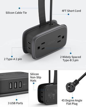2 Pack Travel Power Strip with USB Ports, NTONPOWER 4ft Flat Plug Wrapped Around Short Extension Cord with 4 Outlets 3 USB Ports, Compact for Cruise Travel Essential Hotel Home Office, Black