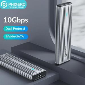 PHIXERO M.2 SATA and NVMe SSD Enclosure Aluminum Dual Protocol, USB 3.2 Gen 2 Type C 10Gbps, Fits B+M key and M-key M.2 2230,2242,2260,2280,Type C to C Cable Gray