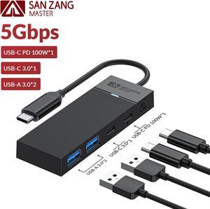 SANZANG by iDsonix 4-Port USB 3.0 Hub 5Gbps USB C PD100W Compact for PC Mac Laptop Notebook Desktop ,USB-A 3.0*2,USB-C 3.0*1,USB-C PD 100W*1