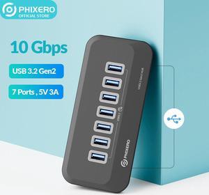 PHIXERO USB Port Hub 10Gbps, 7 Ports USB 3.2 Hub, High-Speed USB 3.2 Gen 2 Portable USB Splitter, USB Hub for Laptop, PC, iMac, MacBook, Playstation, Xbox,Right Angle Type C Cable 100cm/3.3ft