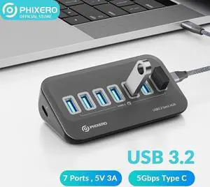 PHIXERO USB Port Hub 5Gbps, 7 Ports USB 3.2 Hub, High-Speed USB 3.2 Gen 1 Portable USB Splitter, USB Hub for Laptop, PC, iMac, MacBook, Playstation, Xbox,2 in 1 Cable 50cm/1.6ft