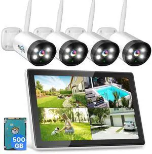Hiseeu 3MP WiFi Security Camera System With 10" LCD Monitor (Built in 500G HDD) 2-Way Audio Home Outdoor System