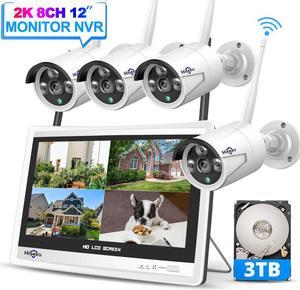Hiseeu All in one with 12" LCD Monitor 3TB Hard Drive, Wireless Security Camera System, Home Business 8CH 1296P NVR Kit 4pcs 3MP Outdoor Bullet IP Cameras Night Vision Waterproof