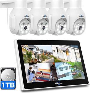 Hiseeu PTZ Wireless Security Camera System with 10'' HD Monitor, 4PCS Outdoor Security Cameras, Spotlight, 360° View, 2-Way Audio,10CH 5MP NVR Preinstall 2.5'' 1TB HDD, Work with Alexa, Cloud Storage