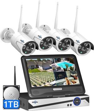 Hiseeu All-in-one with 8CH 10.1" 1296P Monitor Wireless Security Camera System, 4pcs 3MP Indoor/Outdoor Wireless Home Security Camera System, Remote Access, One-way Audio, 1TB HDD