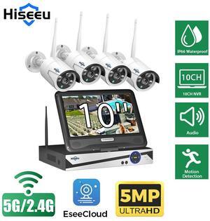Hiseeu All-in-one with 10CH 10.1" 5MP Monitor Wireless Security Camera System, 4pcs 5MP Indoor/Outdoor Wireless Home Security Camera System, Remote Access, One-way Audio, 1TB HDD