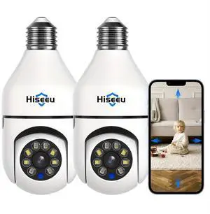 Hiseeu 3MP Full-Color Night Vision Camera] Hiseeu 3MP Full-Color Night Vision Light Bulb Security Camera, PTZ Technology, Wireless WiFi with 2.4GHz & 5GHz, Audio and Motion Alerts, Indoor Use,