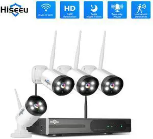 Hiseeu 10CH NVR 3MP WIFI CCTV Security Camera System, 4 PCS Outdoor Cameras, NO HDD, 2 Way Audio, Night Vision, Motion detection
