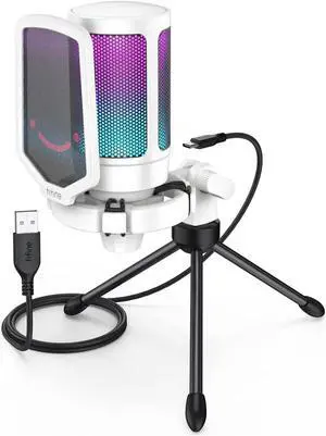 FIFINE AmpliGame USB Microphone, PC Gaming Recording Desktop Laptop Mic, RGB Streaming Podcasting Condenser Mic for Online Game, Vocal, with Mute Button, Gain Knob, Tripod Stand-A6V White