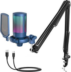 USB Gaming Streaming Recording PC Microphone Kit, RGB Condenser Computer Mic Bundle for Podcasts, Audio, Vocal, Video on Mac/Desktop/Laptop, with Boom Arm Stand-A6T Blue