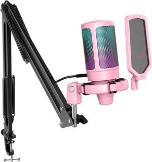 Gaming USB Microphone Kit, PC Streaming Recording Computer RGB Microphone Set for Podcasting, Singing, YouTube, Condenser Cardioid Mic with Quick Mute, Gain Knob-A6T Pink