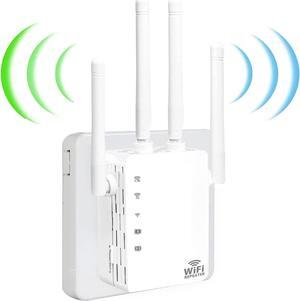 WiFi Extender,WiFi Booster 1200Mbps WiFi 2.4&5GHz Dual Band(8500sq.ft) WiFi Signal Strong Penetrability 35 Devices 4 Modes 1-Tap Setup4 Antennas 360° Full Coverage, Supports Ethernet Port