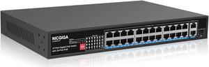 NICGIGA 24 Port Gigabit PoE Switch with 24 Port PoE+@300W, 2 Gigabit Uplink Port, 1 SFP, Sturdy Metal for Desktop/Rack Mount, AI Watchdog, VLAN Mode, Plug and Play, Unmanaged Power Over Ethernet