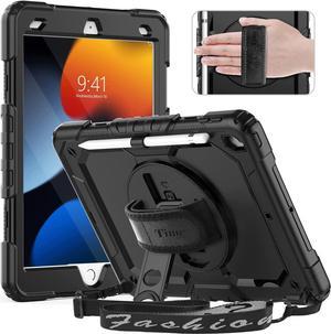 iPad 9th/ 8th/ 7th Generation Case (iPad 10.2 Case, iPad 9/8/ 7 Gen Case): with Strong Protection, Screen Protector, Hand Strap, Shoulder Strap, 360° Rotating Stand, Pencil Holder - Black